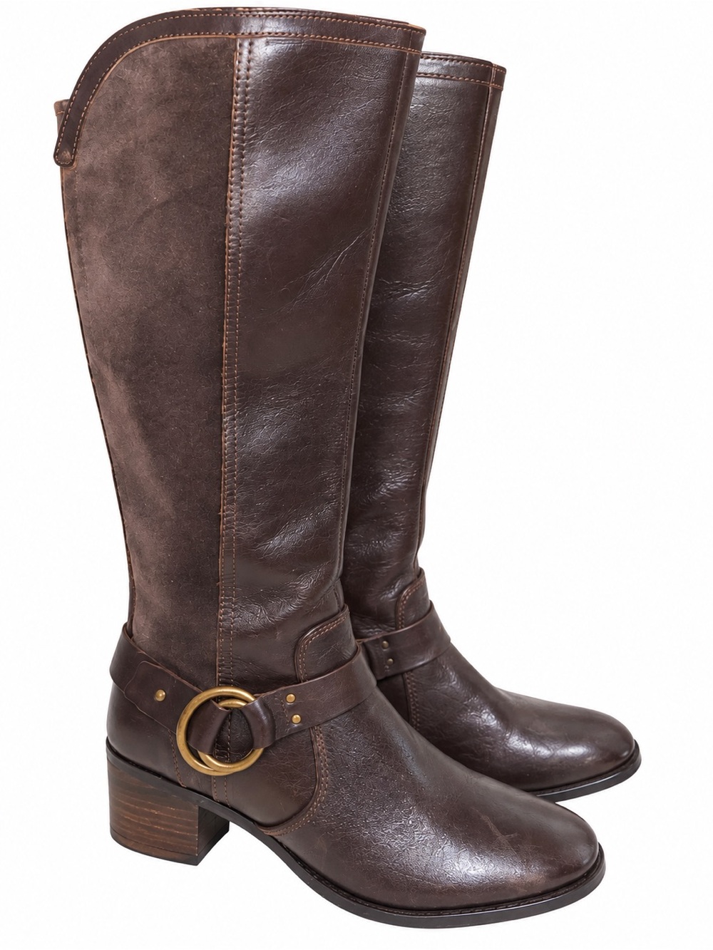 Marc Fisher Brown Leather Tall Riding Boots 8.5 M Harness Buckle Equestrian